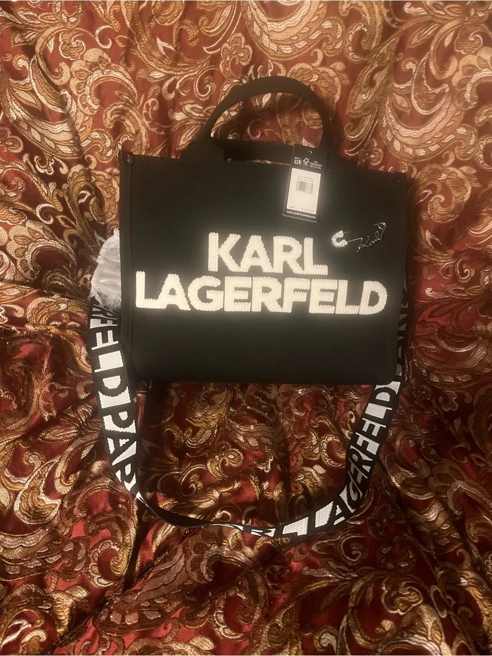 Karl Lagerfeld Black Tote with White Logo and Branded Strap